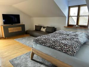 1 dormitorio con 1 cama y 1 sofá en Habicht Ferienhaus, en Arnbruck