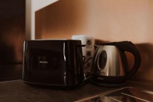 un grille-pain et un grille-pain assis sur un comptoir de cuisine dans l'établissement Bel appartement 35 m 1er étage, à Évaux-les-Bains