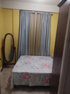 sypialnia z łóżkiem i lustrem w obiekcie Hygge's Inn w mieście Roseau