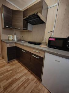 eine Küche mit einer Spüle und einer Mikrowelle in der Unterkunft Chata na Poľane in Hriňová