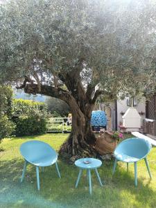 duas mesas azuis em frente a uma árvore em Colazione da Tiffany - Villa Bei Ricordi - B&B - Spa privata em Santa Lucia di Serino