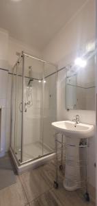 een badkamer met een glazen douche en een wastafel bij Appartamento Matilde. Spazio, comodità e relax! in Gavirate