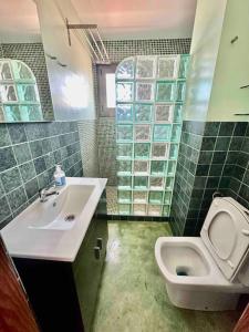 une salle de bains avec lavabo et toilettes dans l'établissement Apartamento Alborada Villas2meet Mallorca, à Can Picafort