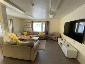 a living room with couches and a flat screen tv at Spacious house in Trysil in Trysil