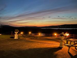 un tramonto con due vasi e una panchina in un campo di Valentia View a Portmagee