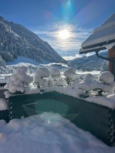 a swimming pool covered in snow next to a mountain at Bergdorf Riesner in Donnersbachwald