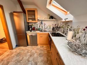 a kitchen with a sink and a refrigerator at ECOVILLA - Natur pur in Friedersdorf