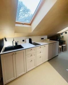 an attic kitchen with a sink and a skylight at Amber bay Juodkrantė in Juodkrantė