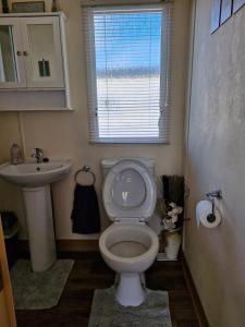 a bathroom with a toilet and a sink and a window at 35 Irby way in Skegness +13 photos