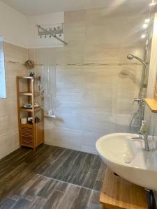 a bathroom with a white sink and a shower at Ostsee-Ferienhaus Colonia, Biendorf-Wischuer in Biendorf