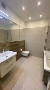 W łazience znajduje się umywalka, toaleta i lustro. w obiekcie Apartament Atrium w mieście Gdynia