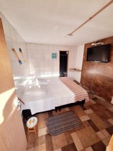 聖塞巴斯蒂安的住宿－Suítes Praia Barequeçaba，一间卧室配有一张床、一个浴缸和一台电视。