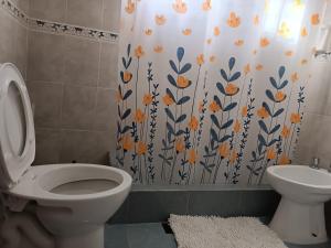 a bathroom with a toilet and a shower curtain at Hospedaje Fliar En Gobernador Gregores in Gobernador Gregores