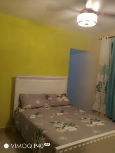 uma cama num quarto com uma parede amarela em Casa Narciso em Santa Bárbara de Samaná
