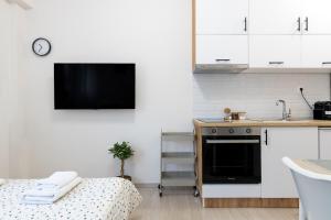 een kleine keuken met een spoelbak en een fornuis bij Micro Studio 10 in Xanthi