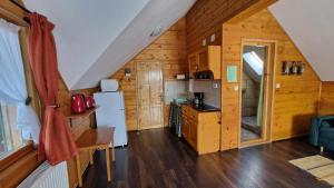 eine Küche in einer Hütte mit Holzwänden in der Unterkunft Alpine Escape Studios in Măgura