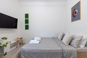 a white living room with a couch and a tv at Micro Studio 84 in Xanthi