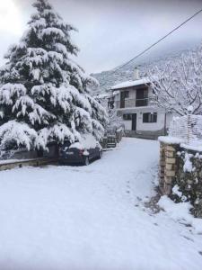 a car parked in front of a snow covered tree at Theisoa.Old Little house in the garden . Andritsaina. in Andritsaina