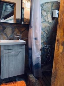 a bathroom with a sink and a shower curtain at Theisoa.Old Little house in the garden . Andritsaina. in Andritsaina
