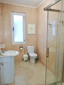 a bathroom with a toilet and a sink and a shower at Segundo Antolín Yellow Door in Ponferrada +10 photos