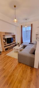 Sala de estar con cama y TV en Apartament Calea Moldovei Residence - minibar si parcare GRATIS en Bistriţa