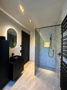 a bathroom with a glass shower and a sink at * Stadtvilla Plauen * * außergewöhnlich * 2 Zimmerwohnung * Zentrumsnah in Plauen +35 photos