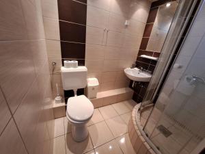 a bathroom with a toilet and a sink at Aquacentrum in Hajdúszoboszló +25 photos