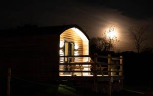 ein kleines Haus in der Nacht mit Licht im Fenster in der Unterkunft The Red Kite - 2 person Pet Friendly Glamping Cabin in Dungarvan