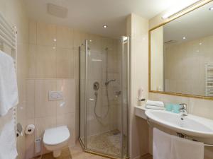 a bathroom with a shower and a toilet and a sink at Appartements Haflingerhof in Westendorf