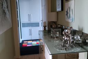 una cocina con una estatua de un gato sentado en un mostrador en Private Apartment Smoker, en Hannover