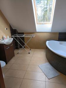 een badkamer met een bad, een wastafel en een raam bij Mrowisko 