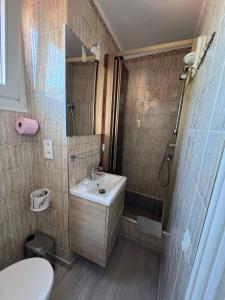 uma casa de banho com um lavatório, um chuveiro e um WC. em Menton Ciapetta em Menton