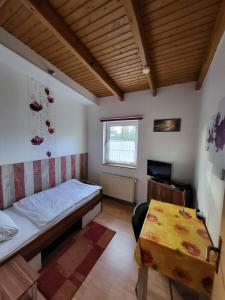 een kleine slaapkamer met een bed en een tafel bij Pension & Ferienwohnungen Richter in Gerwisch