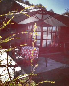 ein Haus mit einem Tisch und einem Sonnenschirm in der Unterkunft Cabañas sueños del sur in Caburgua