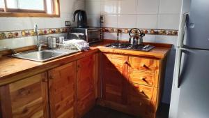 una cucina con armadi in legno, lavandino e frigorifero di Cabañas sueños del sur a Caburgua