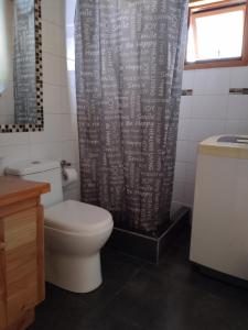 a bathroom with a toilet and a shower curtain at Cabañas sueños del sur in Caburgua