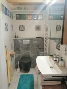 bagno con lavandino, doccia e servizi igienici di Atelieo beim Nussbaum a Ternitz