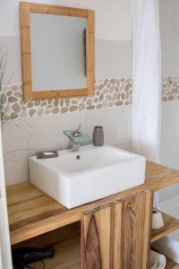 ein Badezimmer mit einem weißen Waschbecken und einem Spiegel in der Unterkunft T3 résidence les ramiers (anse a l'âne) in Les Trois-Îlets