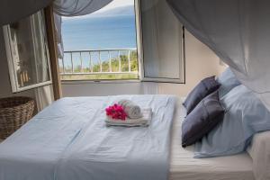 una camera da letto con un letto con vista sull'oceano di T3 résidence les ramiers (anse a l'âne) a Les Trois-Îlets