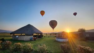 a group of hot air balloons flying over a hut at Cozy Cabin Country Cottage in Skeerpoort