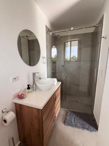 ein Bad mit einem Waschbecken und einer Dusche in der Unterkunft Mestiza Hospedaje familiar in Quimbaya