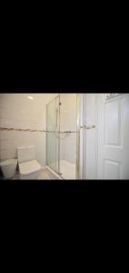 a bathroom with a glass shower and a toilet at Neasdon's Guest Nest- 7 mins drive to Wembley Stadium in London