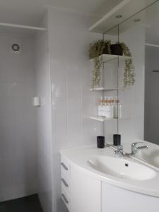 a white bathroom with a sink and a mirror at 4-persoons vakantiehuisje Simmerwille in Tzummarum