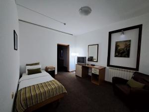 Schlafzimmer mit einem Bett, einem Schreibtisch und einem TV in der Unterkunft Hotel Marica in Niš