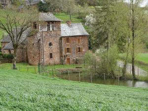 an old brick building in a field next to a river at Gîte de Ségonzac in Villecomtal