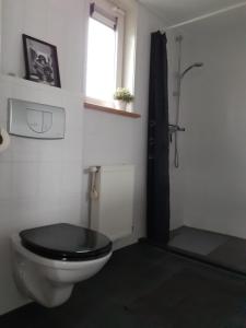 a bathroom with a black toilet and a window at 4-persoons vakantiehuisje Simmerwille in Tzummarum