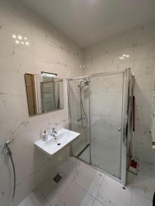 a white bathroom with a sink and a shower at Stan na dan Sarajevo in Sarajevo