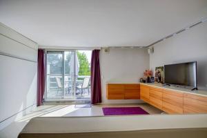 salon z telewizorem i dużym oknem w obiekcie Le Studio 44 w mieście Han-sur-Lesse