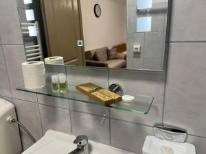 a bathroom with a glass shelf above a toilet at NDL Downtown in Cluj-Napoca