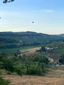 a view of a field with a plane flying in the sky at La casa di Nina in Montespertoli